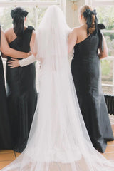 Black Mermaid One-Shoulder Bridesmaid Dress, Bow Strap