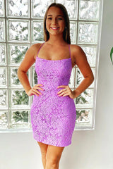 Mermaid Purple Bodycon Lace Up Short Lace Homecoming Dress