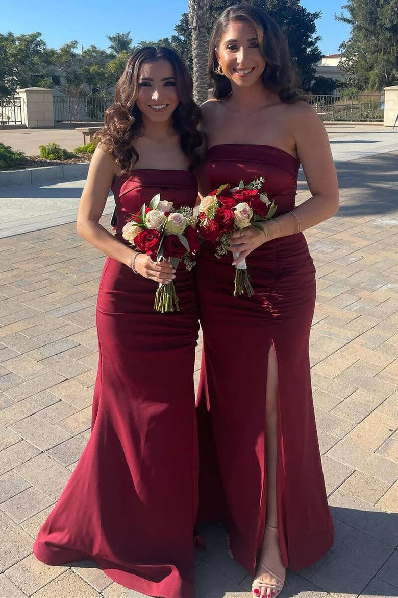 Burgundy Mermaid Satin Bridesmaid Dress with Slit