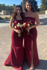 Burgundy Mermaid Satin Bridesmaid Dress with Slit