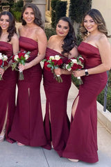 Burgundy Mermaid Satin Bridesmaid Dress with Slit