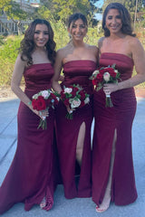 Burgundy Mermaid Satin Bridesmaid Dress with Slit