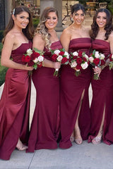 Burgundy Mermaid Satin Bridesmaid Dress with Slit