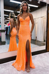 Shinny Orange Sequins Mermaid Sheath Long Prom Dress