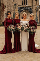 Burgundy Mermaid Sweep Train Bridesmaid Dresses, Long Sleeve Lace