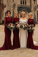 Burgundy Mermaid Sweep Train Bridesmaid Dresses, Long Sleeve Lace