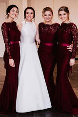 Burgundy Mermaid Sweep Train Bridesmaid Dresses, Long Sleeve Lace