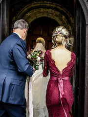 Burgundy Mermaid Sweep Train Bridesmaid Dresses, Long Sleeve Lace