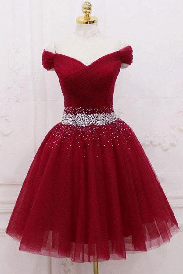 Off-The-Shoulder Beaded Tulle Short Prom Dress Homecoming Dress