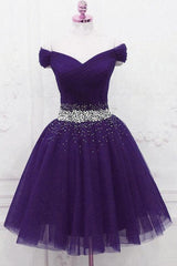 Off-The-Shoulder Beaded Tulle Short Prom Dress Homecoming Dress