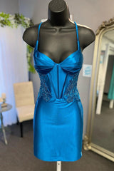 Peacock Blue Short Corset Homecoming Dress with Appliques