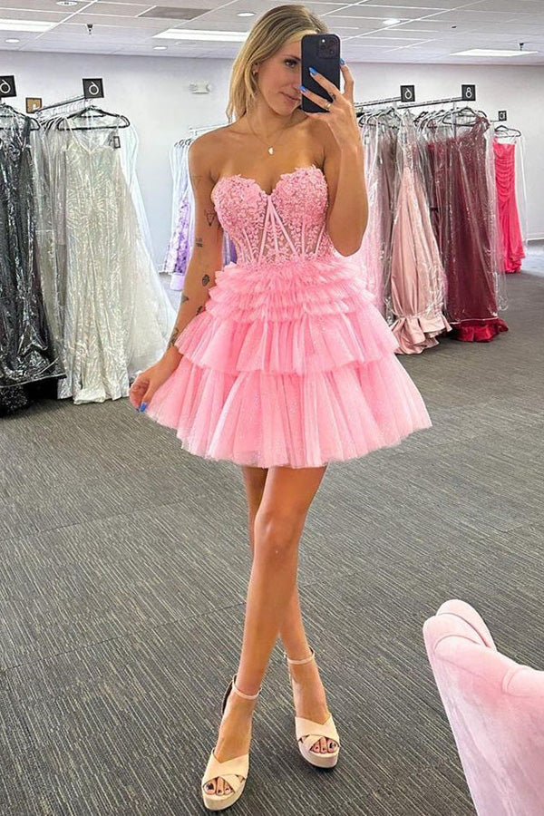 Strapless A-line Pink Multi-Layers Appliques Homecoming Dress
