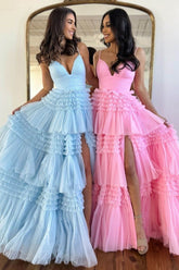 A-Line Spaghetti Straps Long Ruched Tulle Prom Dress With Split