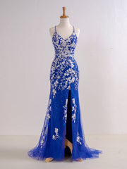Mermaid Sheath V Neck Long Prom Dress with Appliqued Beading