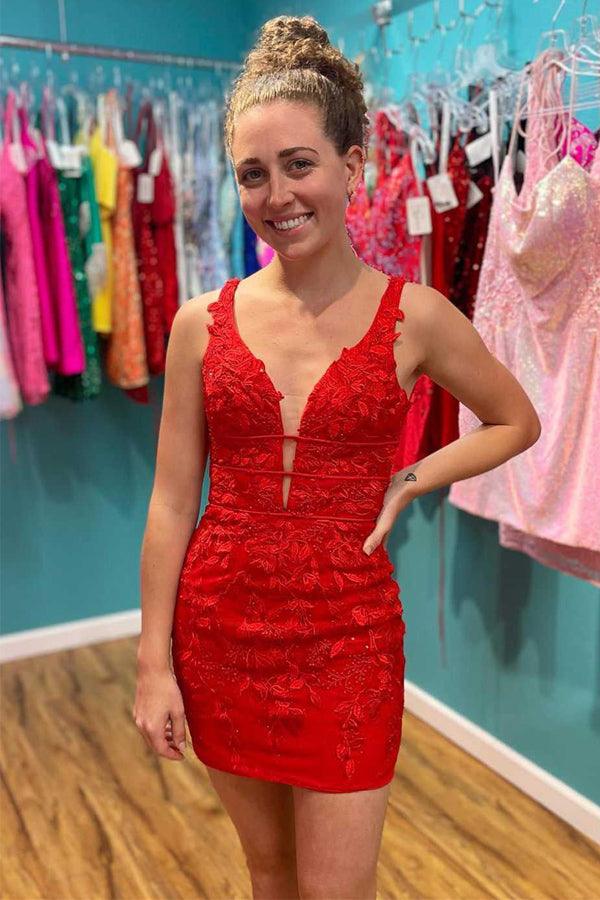 Red Appliques Plunge V-Neckline Lace Up Homecoming Dress
