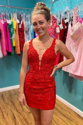 Red Appliques Plunge V-Neckline Lace Up Homecoming Dress