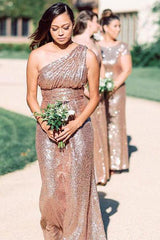 Rose Gold Sparkly Sequins Lace One Shoulder Bridesmaid Dresses