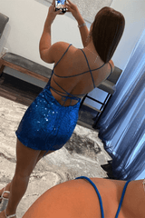 Royal Blue Sequin Bodycon Mini Homecoming Dress Short Prom Dress