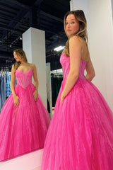 Strapless Beaded Ball Gown with Slit in Hot Cute Pink