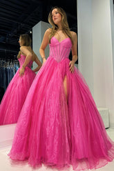 Strapless Beaded Ball Gown with Slit in Hot Cute Pink