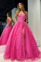 Strapless Beaded Ball Gown with Slit in Hot Cute Pink