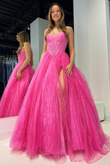 Strapless Beaded Ball Gown with Slit in Hot Cute Pink