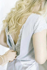 Satin Sheath Bateau Neck Bridesmaid Dresses, Cap Sleeves, Lace