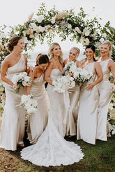 Silver Satin Sheath One Shoulder Bridesmaid Dress, Floor Length