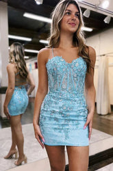 Tight Sheath Homecoming Dress with Spaghetti Straps and Lace Appliques