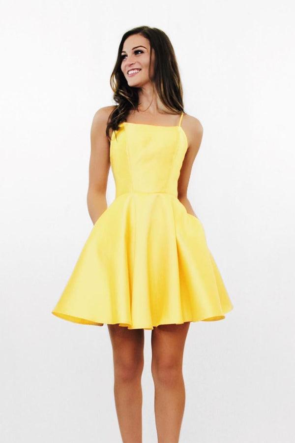 Simple A-Line Cross Back Yellow Short Homecoming Dress with Pockets