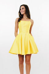 Simple A-Line Cross Back Yellow Short Homecoming Dress with Pockets