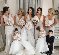 Simple Chiffon V-neck Bridesmaid Dresses, Sweep Train, Pleated, with Slit