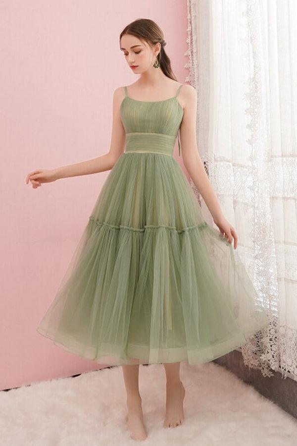 Simple Sage Green Tulle Round Neck Homecoming/Graduation Dress