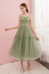 Simple Sage Green Tulle Round Neck Homecoming/Graduation Dress
