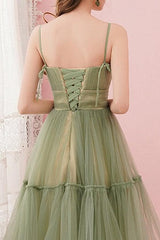 Simple Sage Green Tulle Round Neck Homecoming/Graduation Dress