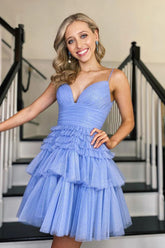 Spaghetti Straps V-Neck A-Line Tulle Mini Homecoming Dress