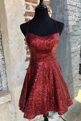 Sparkly Burgundy Backless A-Line Mini Party Dress Homecoming Dress