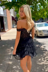 Sparkly Off the Shoulder Corset Ruffle Black Homecoming Dress