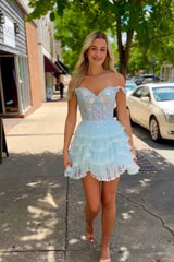 Sparkly Off the Shoulder Corset Ruffle Black Homecoming Dress