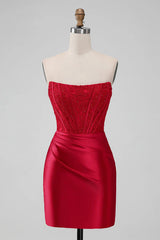 Strapless Bodycon Red Short Prom Homecoming Dress
