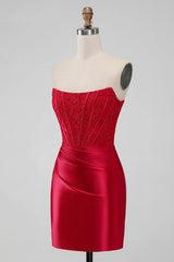 Strapless Bodycon Red Short Prom Homecoming Dress