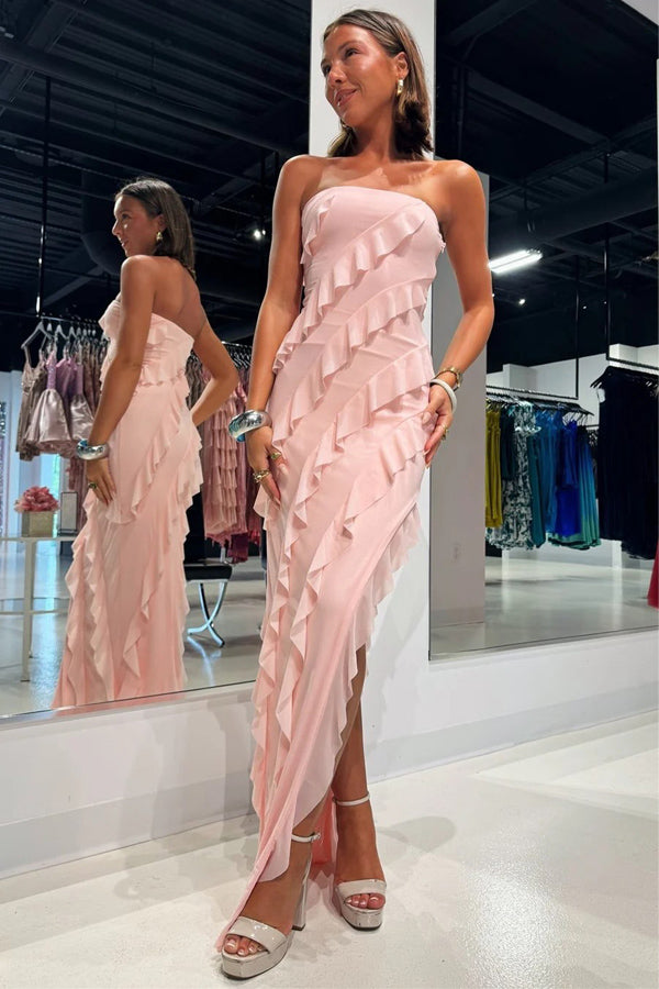Pink Chiffon Strapless Ruffle Bridesmaid Dress with Slit
