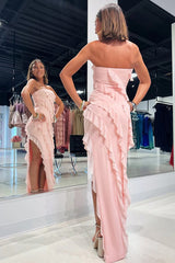 Pink Chiffon Strapless Ruffle Bridesmaid Dress with Slit