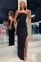 Pink Chiffon Strapless Ruffle Bridesmaid Dress with Slit