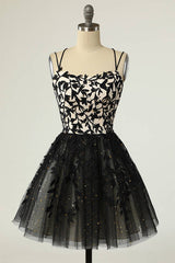 Straps Black Appliqued Short Prom Dress with Sequins Homecoming Dress