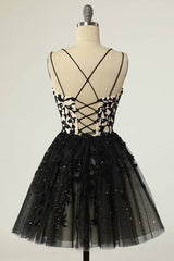 Straps Black Appliqued Short Prom Dress with Sequins Homecoming Dress