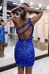 One Shoulder Stylish Sleeveless Mini Cocktail Homecoming Dress Sparkly
