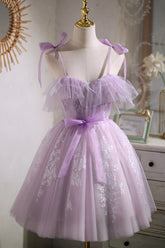 Sweet Purple A-Line Short Prom Dress with Ribbon Homecoming Dress