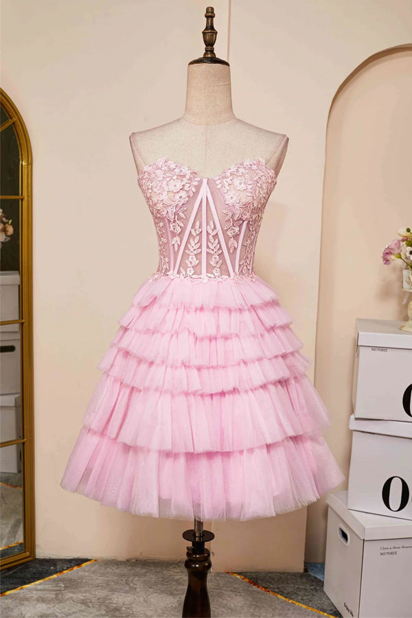 Sweetheart Neck Layered Strapless Pink Homecoming Dress