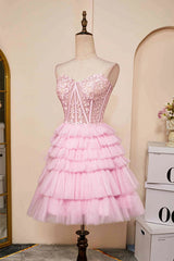 Sweetheart Neck Layered Strapless Pink Homecoming Dress
